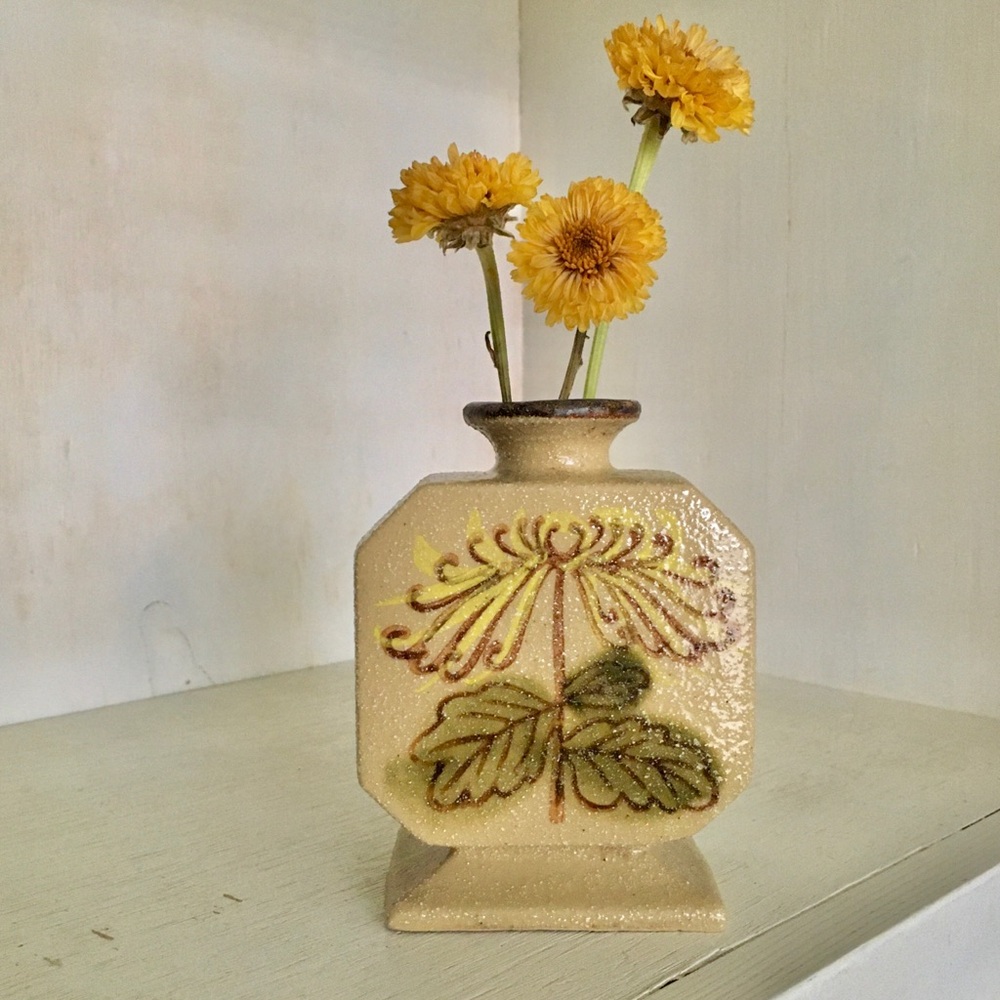 Vintage 70s Salt Glazed Square Flat Flower Painted Stoneware Vase Small | Japan